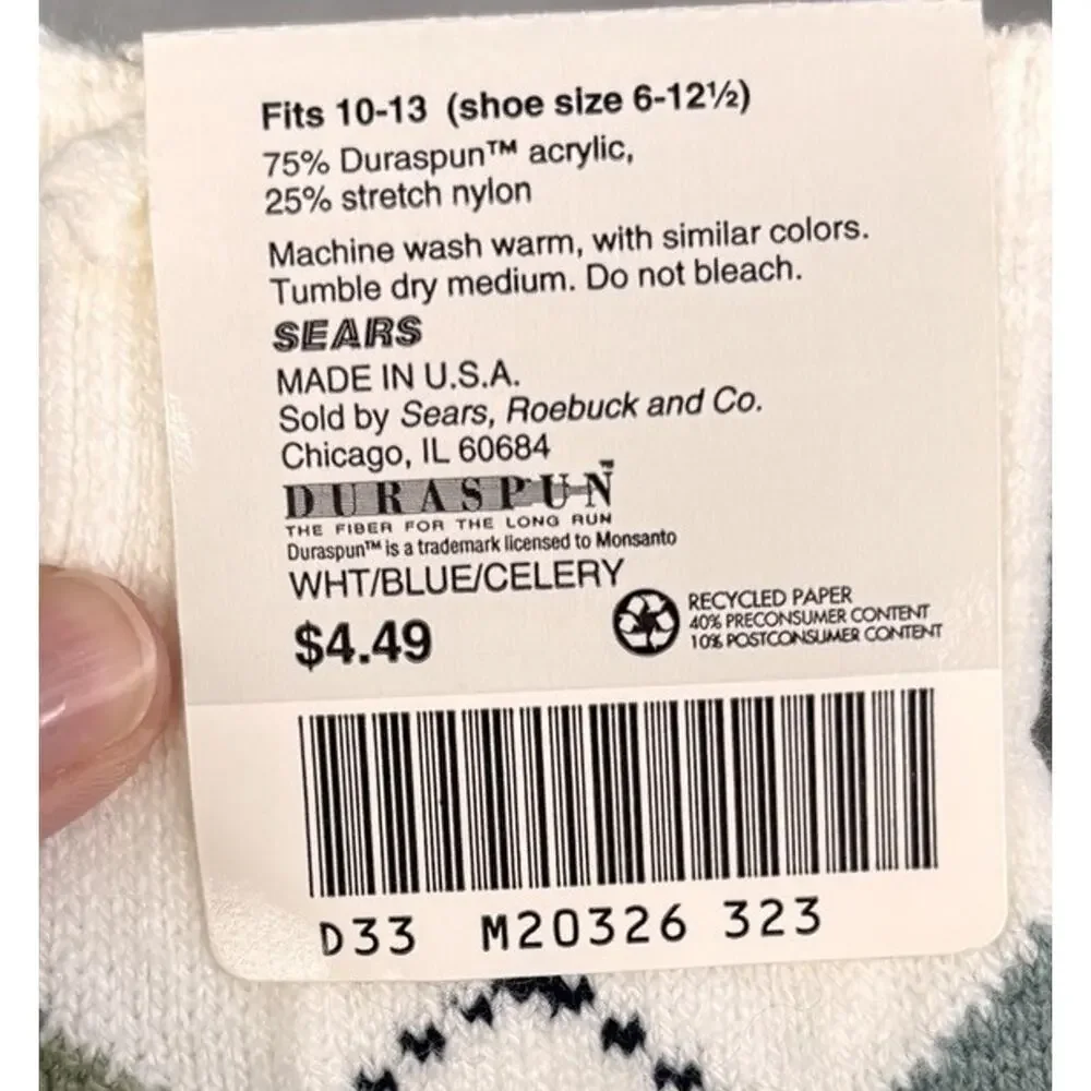 NOS Vintage Sears Socks Argyle Mens Size 10-13 Acrylic Nylon USA Blue White